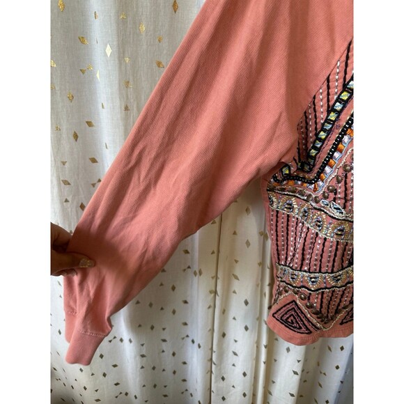Anthropologie Akemi + Kin Peach Embroidered Bohemian Crew Neck Sweatshirt S - Picture 4 of 9